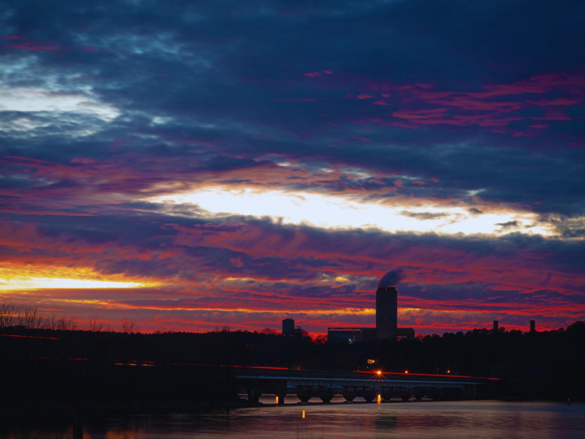 Dramatic Sunset behind a power plant at Lake Norman, Mooresville, NC